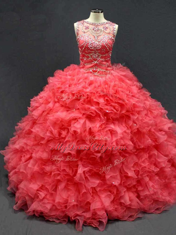 Coral Red Organza Lace Up Sweet 16 Quinceanera Dress Sleeveless Floor Length Beading and Ruffles