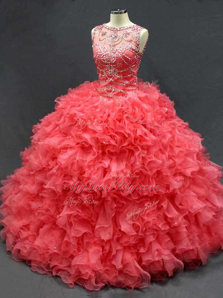 Coral Red Organza Lace Up Sweet 16 Quinceanera Dress Sleeveless Floor Length Beading and Ruffles