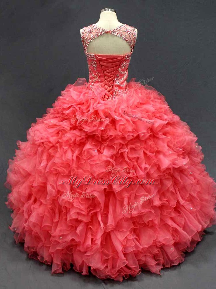 Coral Red Organza Lace Up Sweet 16 Quinceanera Dress Sleeveless Floor Length Beading and Ruffles