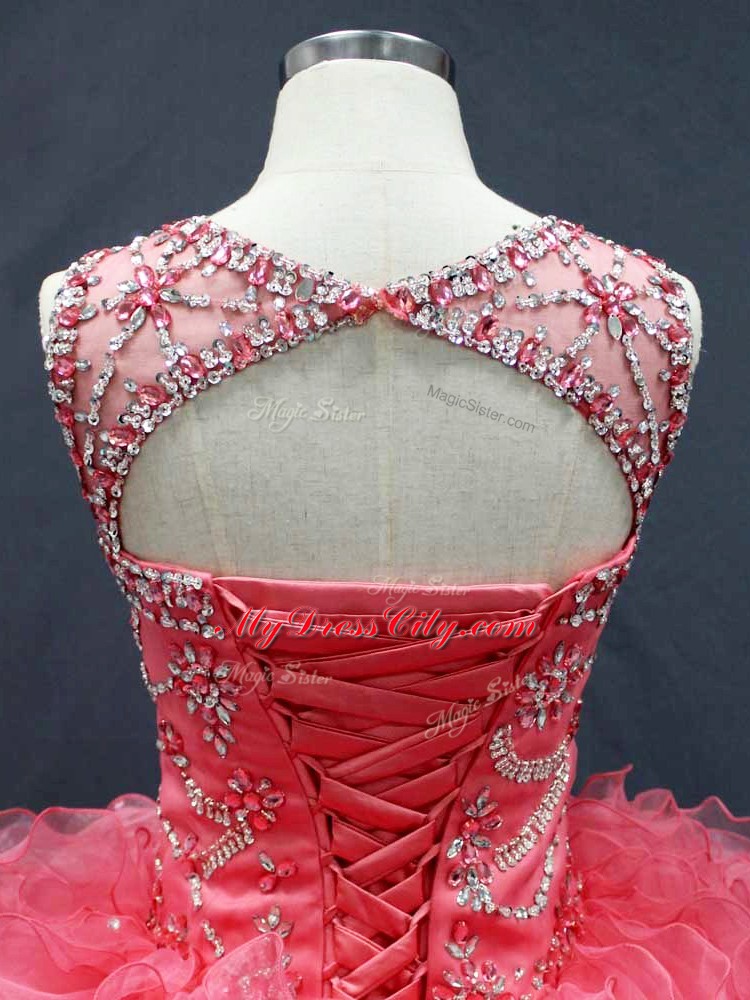 Coral Red Organza Lace Up Sweet 16 Quinceanera Dress Sleeveless Floor Length Beading and Ruffles