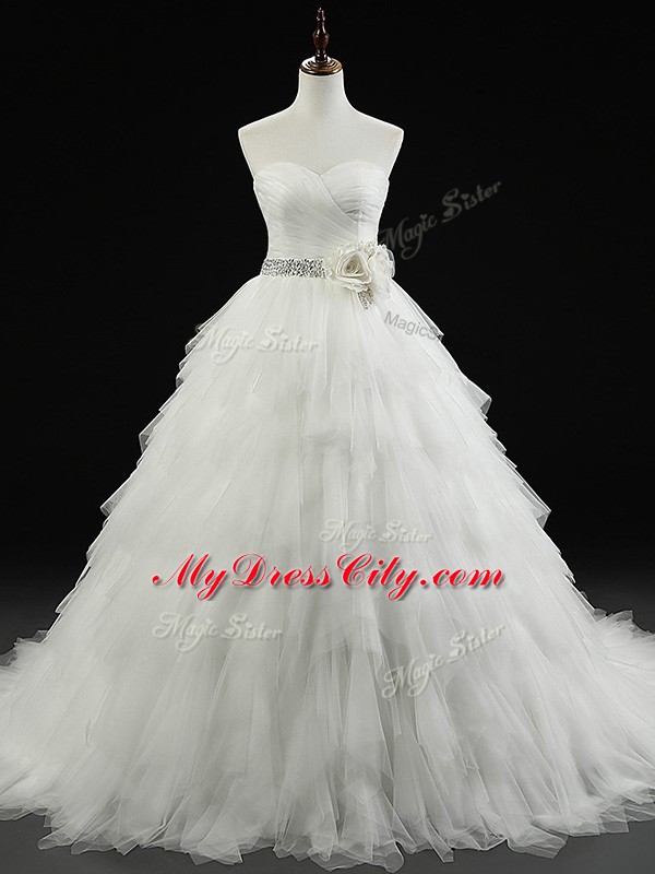 Fabulous Sleeveless Beading and Ruffles and Hand Made Flower Lace Up Wedding Dresses with White Brush Train