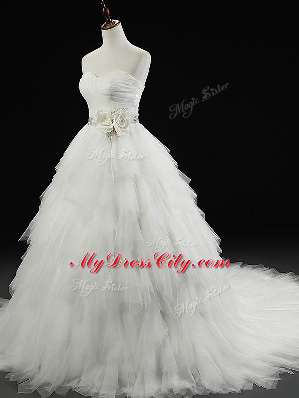 Fabulous Sleeveless Beading and Ruffles and Hand Made Flower Lace Up Wedding Dresses with White Brush Train