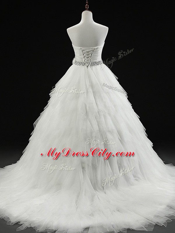 Fabulous Sleeveless Beading and Ruffles and Hand Made Flower Lace Up Wedding Dresses with White Brush Train