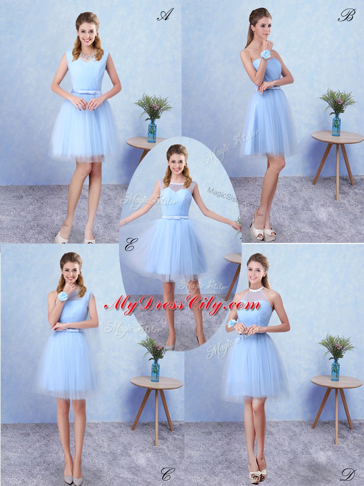 Fashion Blue Bridesmaid Dress Prom and Party with Ruching Scoop Sleeveless Lace Up