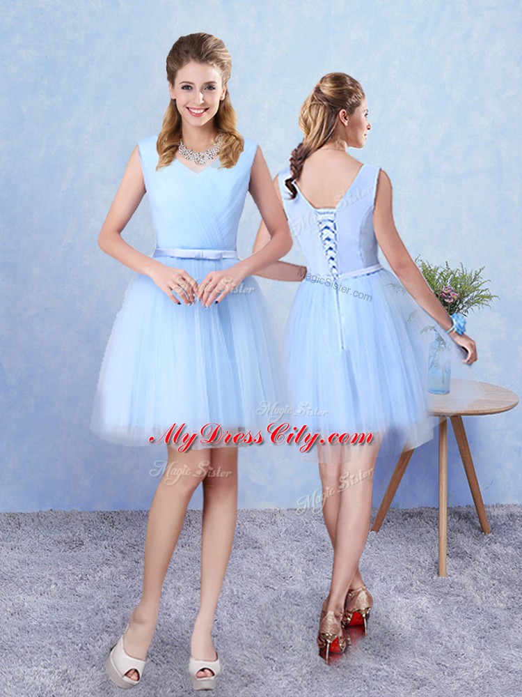 Fashion Blue Bridesmaid Dress Prom and Party with Ruching Scoop Sleeveless Lace Up