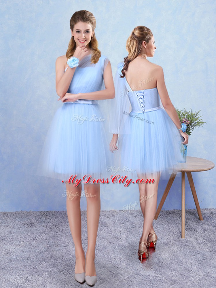 Fashion Blue Bridesmaid Dress Prom and Party with Ruching Scoop Sleeveless Lace Up