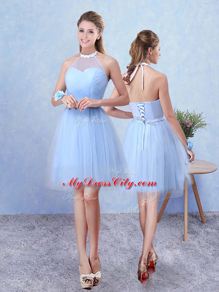 Fashion Blue Bridesmaid Dress Prom and Party with Ruching Scoop Sleeveless Lace Up