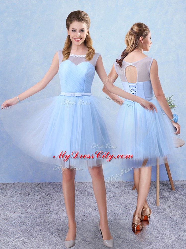 Fashion Blue Bridesmaid Dress Prom and Party with Ruching Scoop Sleeveless Lace Up