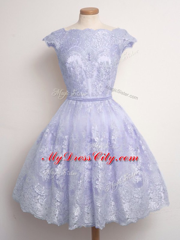 Fantastic Lavender A-line Lace Bridesmaid Gown Lace Up Lace Cap Sleeves Knee Length