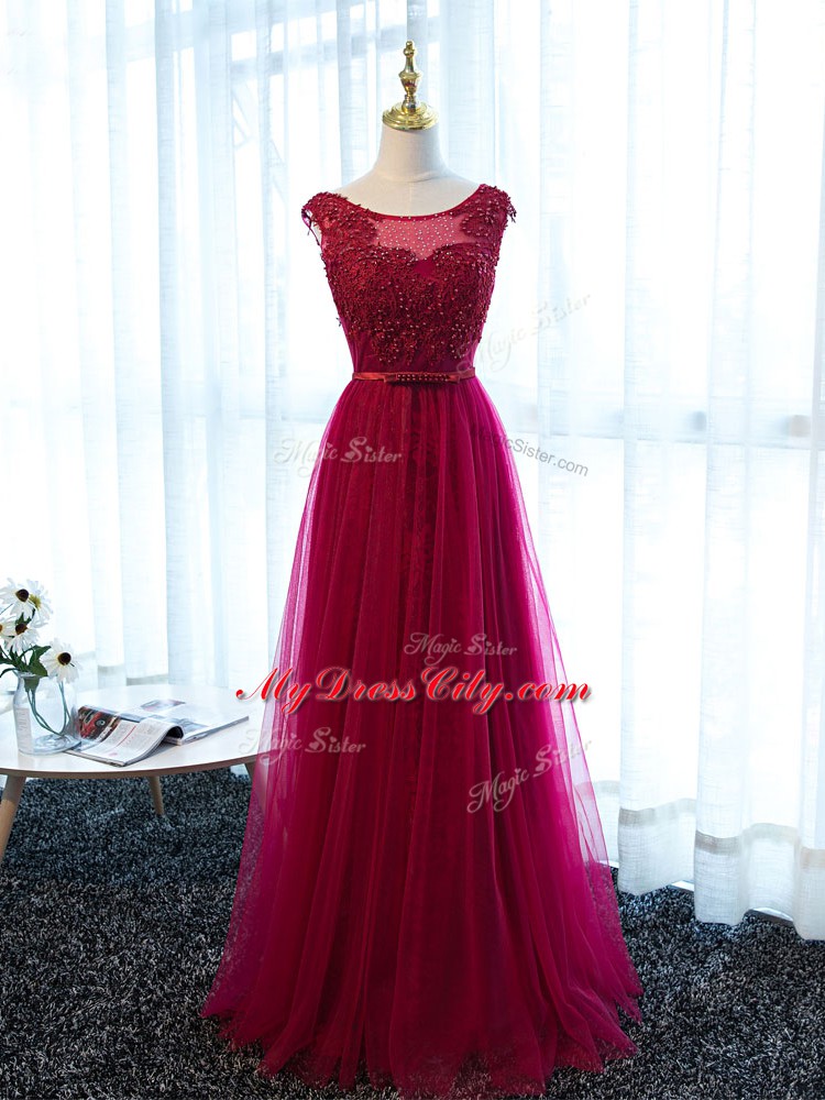 Fuchsia Empire Tulle Scoop Sleeveless Beading and Lace and Appliques and Belt Floor Length Lace Up Prom Evening Gown