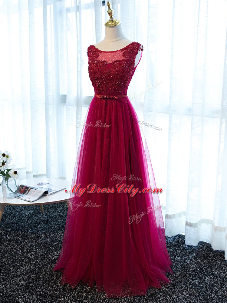 Fuchsia Empire Tulle Scoop Sleeveless Beading and Lace and Appliques and Belt Floor Length Lace Up Prom Evening Gown