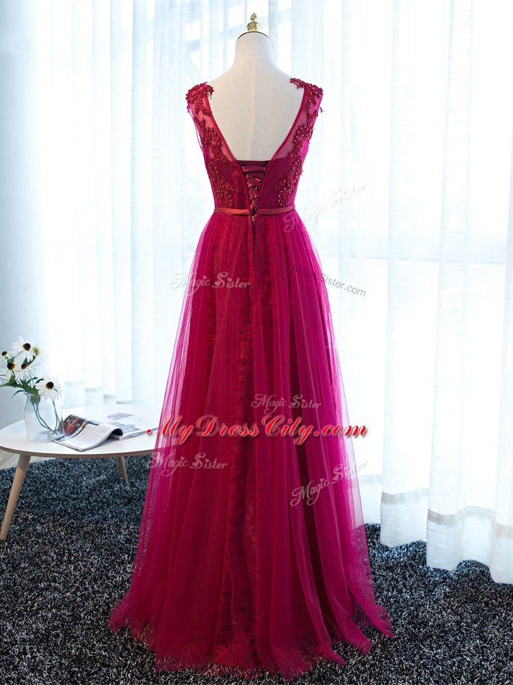 Fuchsia Empire Tulle Scoop Sleeveless Beading and Lace and Appliques and Belt Floor Length Lace Up Prom Evening Gown