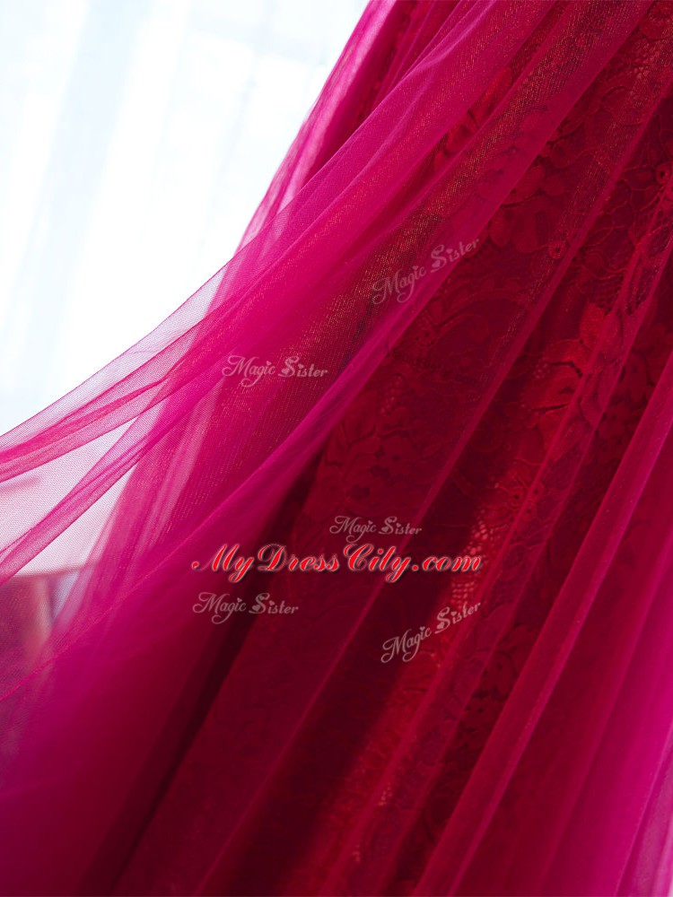 Fuchsia Empire Tulle Scoop Sleeveless Beading and Lace and Appliques and Belt Floor Length Lace Up Prom Evening Gown