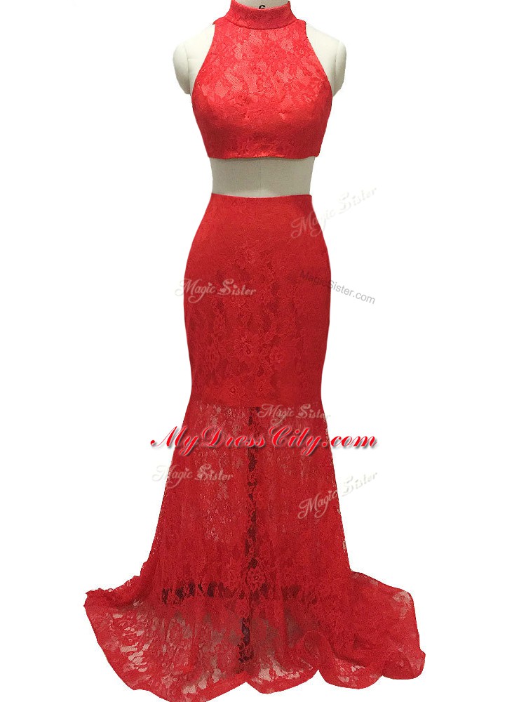 Custom Fit Red Sleeveless Lace Zipper Prom Dresses