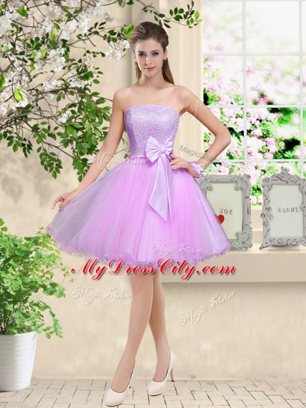 Lace and Belt Bridesmaid Dress Lilac Lace Up Sleeveless Knee Length