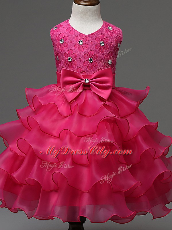 Low Price Knee Length Ball Gowns Sleeveless Hot Pink Flower Girl Dress Zipper