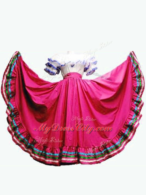 Classical Hot Pink Ball Gowns Taffeta Off The Shoulder Short Sleeves Ruffled Layers Floor Length Lace Up Quinceanera Gowns