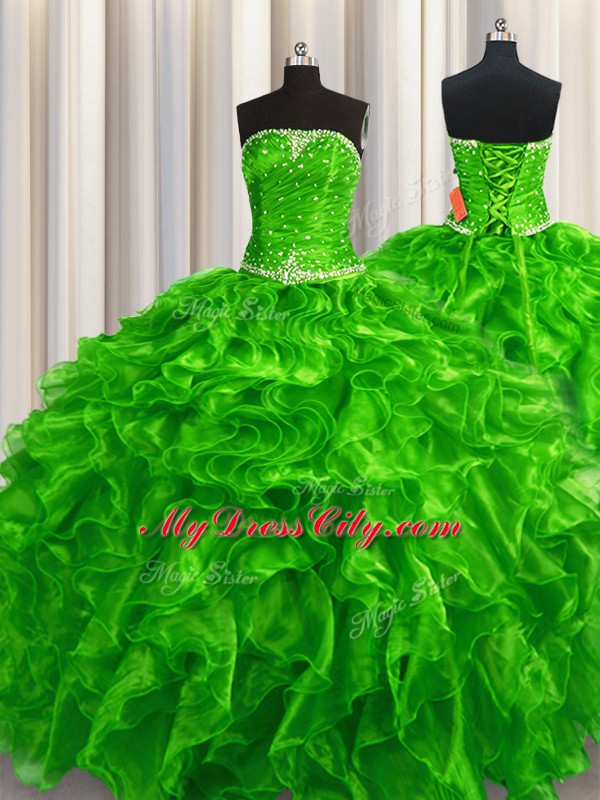 High Class Beading and Ruffles Quinceanera Gowns Green Lace Up Sleeveless Floor Length