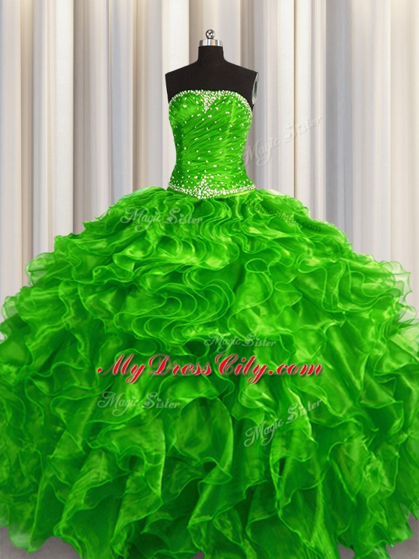 High Class Beading and Ruffles Quinceanera Gowns Green Lace Up Sleeveless Floor Length