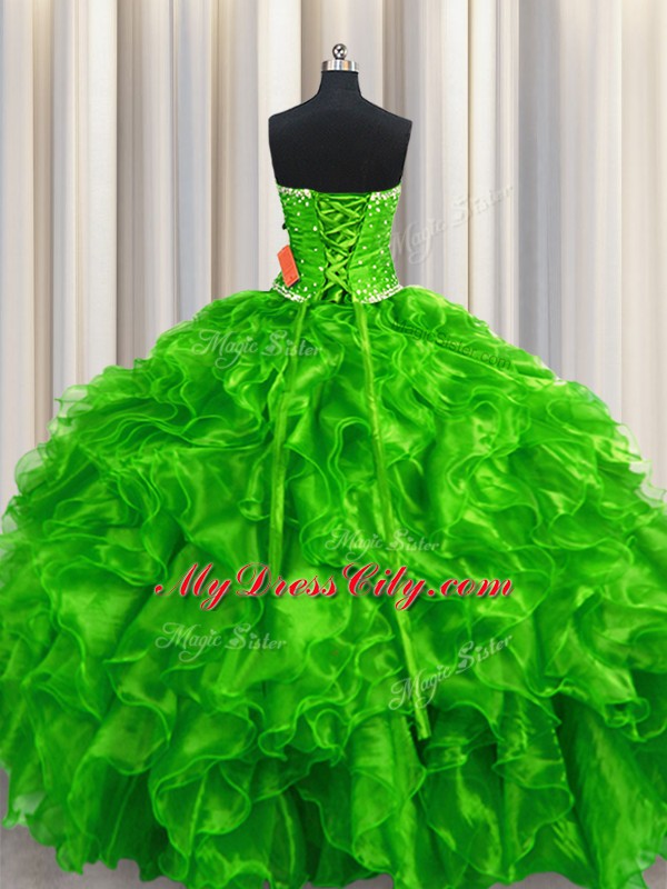 High Class Beading and Ruffles Quinceanera Gowns Green Lace Up Sleeveless Floor Length