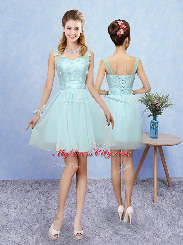 Tulle Halter Top Cap Sleeves Lace Up Appliques Bridesmaid Gown in Aqua Blue