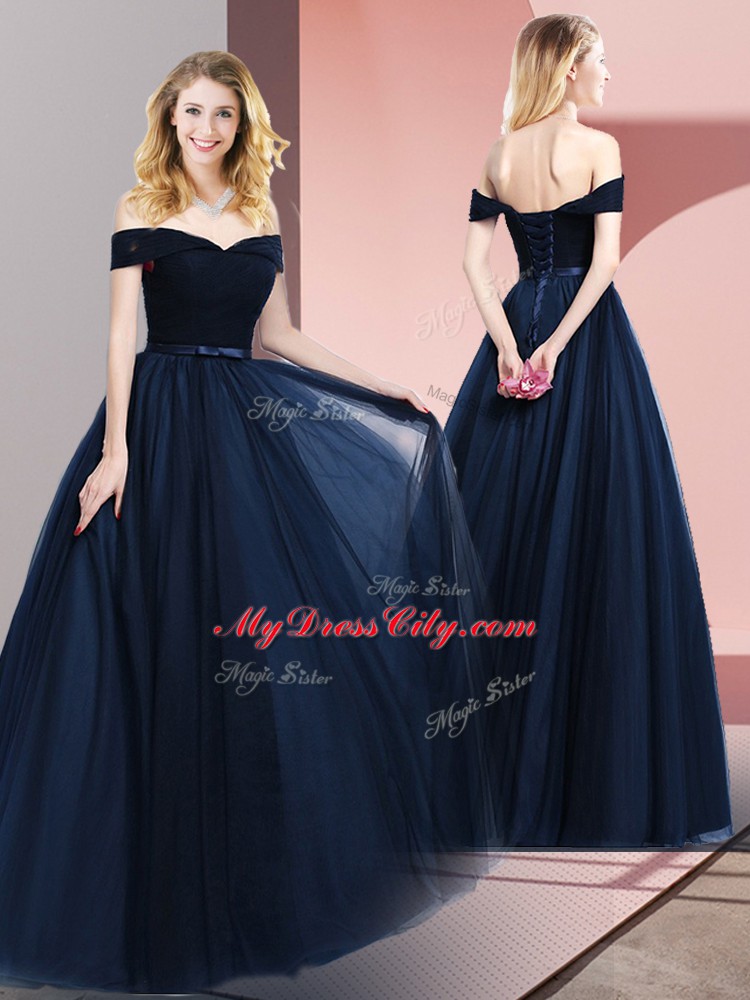 Fashion Navy Blue A-line Beading and Ruching and Belt Dress for Prom Lace Up Tulle Sleeveless Floor Length