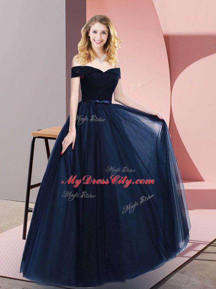 Fashion Navy Blue A-line Beading and Ruching and Belt Dress for Prom Lace Up Tulle Sleeveless Floor Length