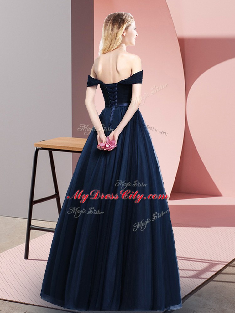 Fashion Navy Blue A-line Beading and Ruching and Belt Dress for Prom Lace Up Tulle Sleeveless Floor Length