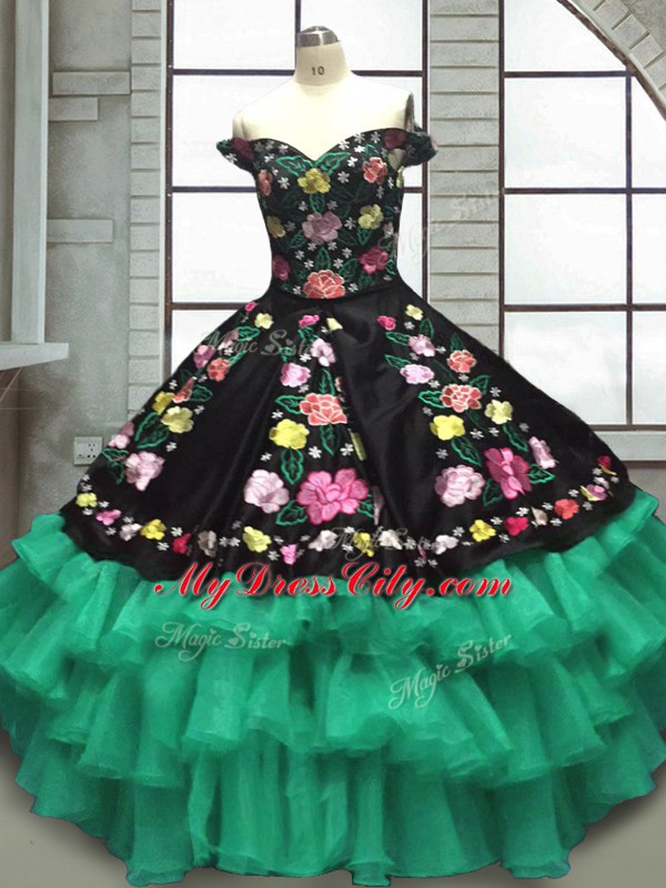 Most Popular Multi-color Ball Gowns Embroidery and Ruffled Layers Quinceanera Dress Lace Up Organza and Taffeta Sleeveless Floor Length