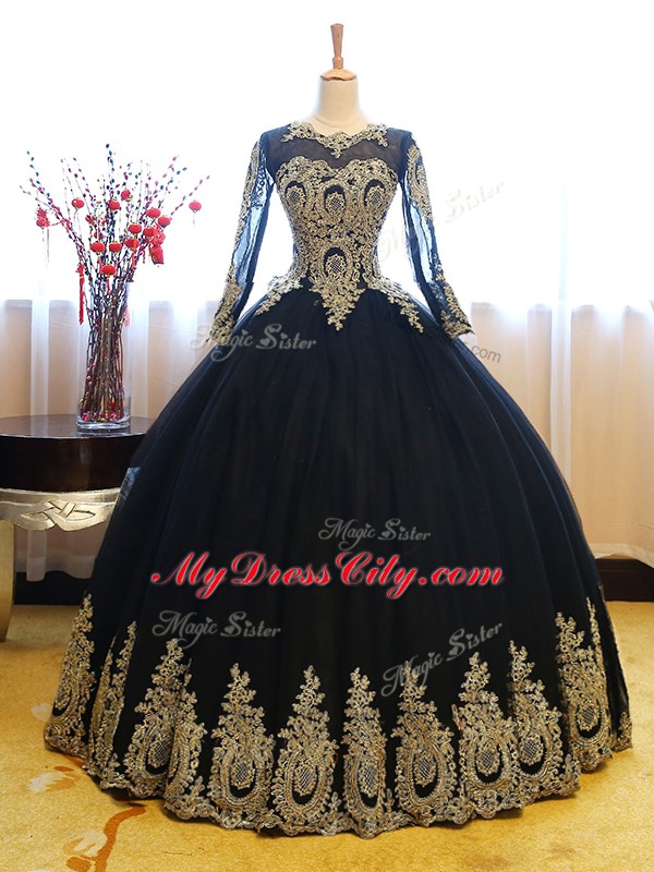 Navy Blue Organza Lace Up Sweet 16 Quinceanera Dress Long Sleeves Floor Length Appliques