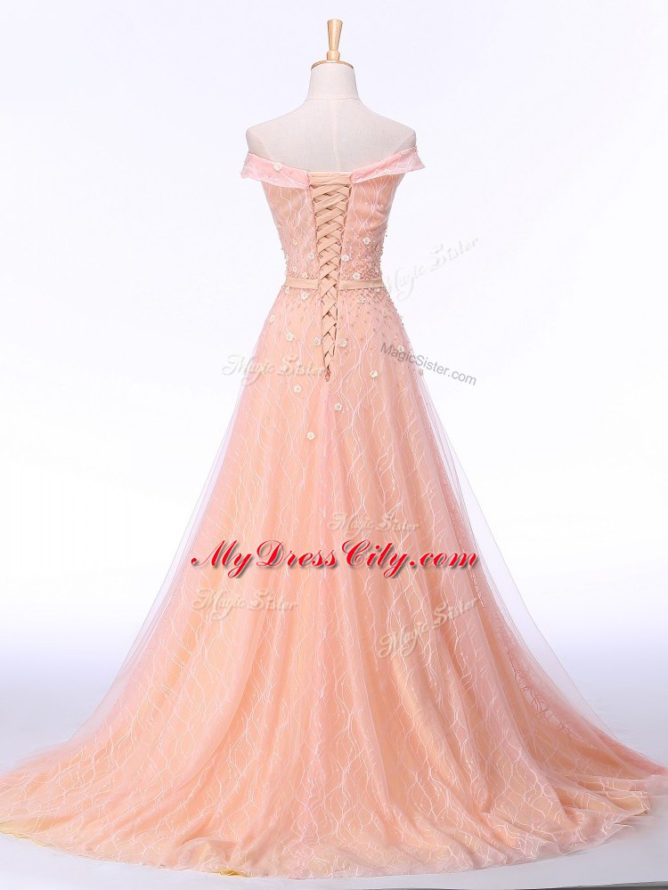 Elegant Peach Lace Up Evening Outfits Beading and Lace and Belt Sleeveless Brush Train