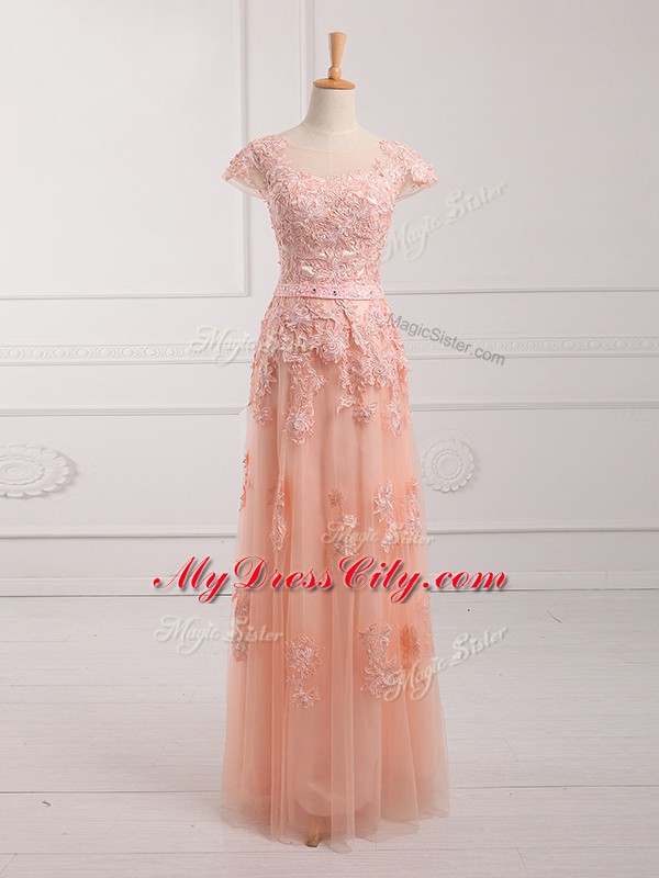 Cap Sleeves Tulle Floor Length Lace Up Mother of the Bride Dress in Peach with Lace and Appliques and Belt