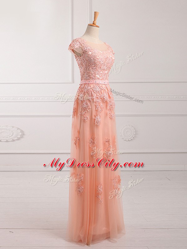 Cap Sleeves Tulle Floor Length Lace Up Mother of the Bride Dress in Peach with Lace and Appliques and Belt