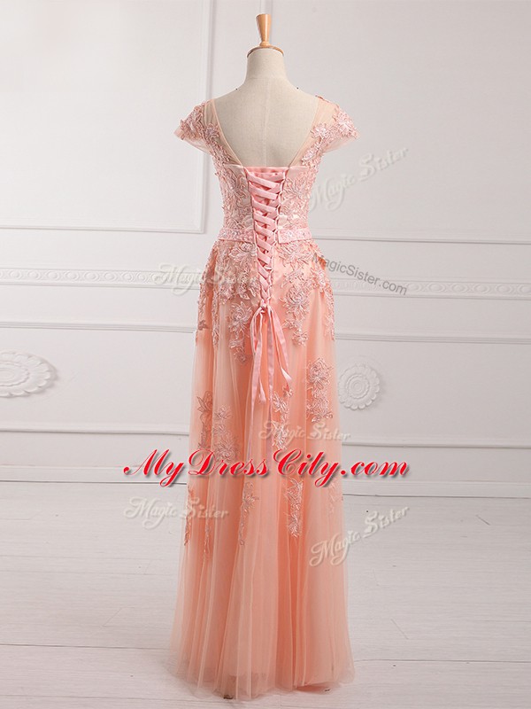 Cap Sleeves Tulle Floor Length Lace Up Mother of the Bride Dress in Peach with Lace and Appliques and Belt