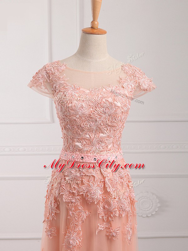 Cap Sleeves Tulle Floor Length Lace Up Mother of the Bride Dress in Peach with Lace and Appliques and Belt