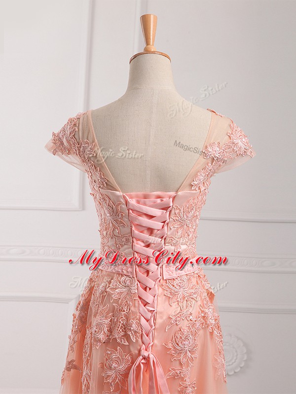 Cap Sleeves Tulle Floor Length Lace Up Mother of the Bride Dress in Peach with Lace and Appliques and Belt