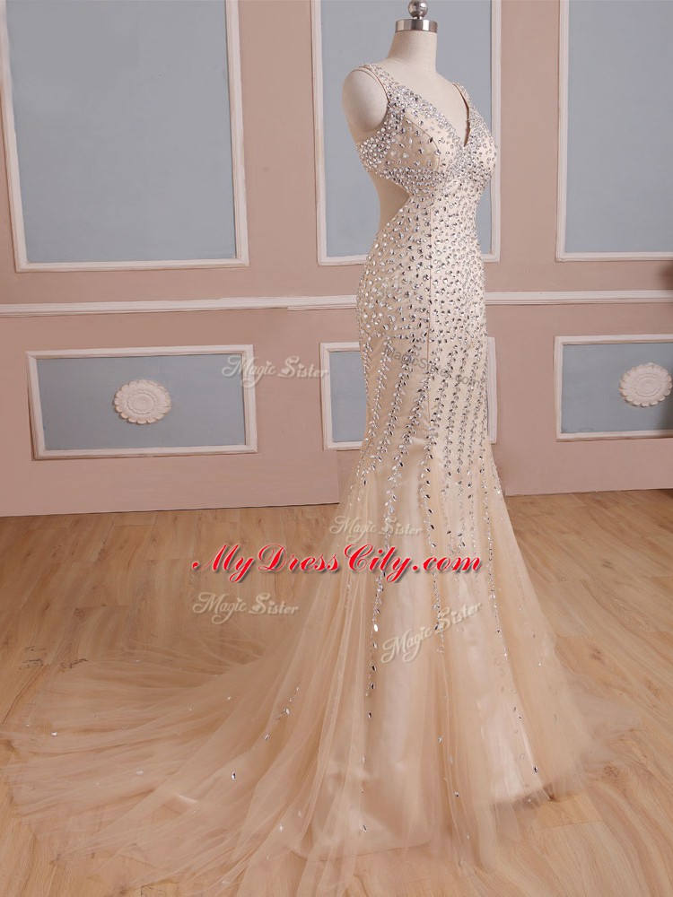 Champagne V-neck Criss Cross Beading Womens Evening Dresses Brush Train Sleeveless