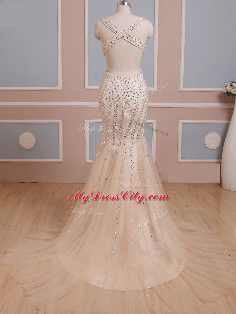 Champagne V-neck Criss Cross Beading Womens Evening Dresses Brush Train Sleeveless