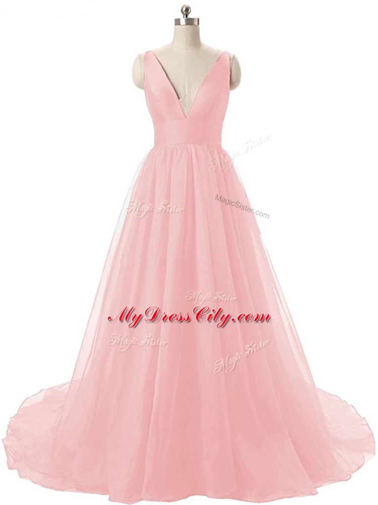 New Style V-neck Sleeveless Brush Train Zipper Baby Pink Organza