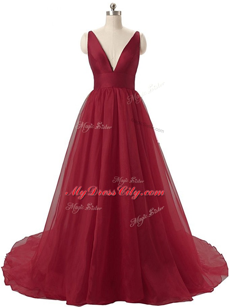 Burgundy A-line V-neck Sleeveless Organza Brush Train Backless Ruching Prom Party Dress