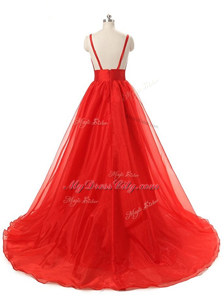 Burgundy A-line V-neck Sleeveless Organza Brush Train Backless Ruching Prom Party Dress