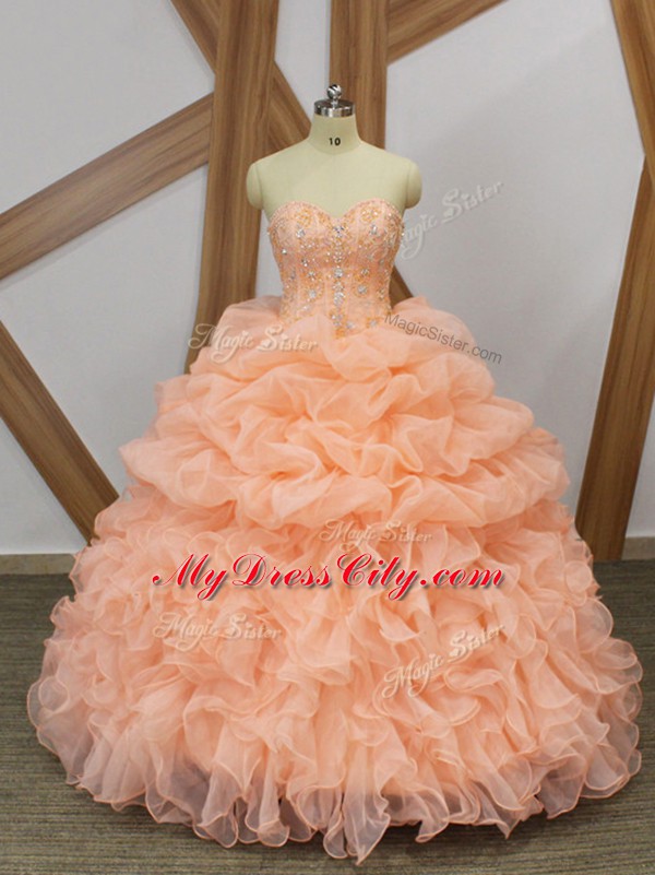 Ideal Peach Sleeveless Organza Sweep Train Lace Up Sweet 16 Quinceanera Dress for Prom and Party and Military Ball and Sweet 16 and Quinceanera