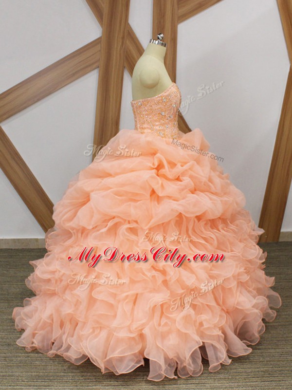 Ideal Peach Sleeveless Organza Sweep Train Lace Up Sweet 16 Quinceanera Dress for Prom and Party and Military Ball and Sweet 16 and Quinceanera