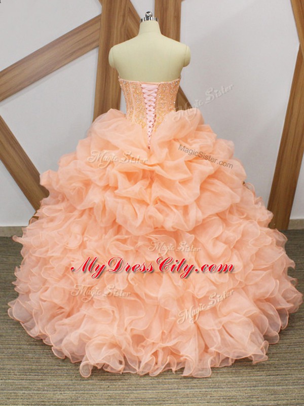 Ideal Peach Sleeveless Organza Sweep Train Lace Up Sweet 16 Quinceanera Dress for Prom and Party and Military Ball and Sweet 16 and Quinceanera