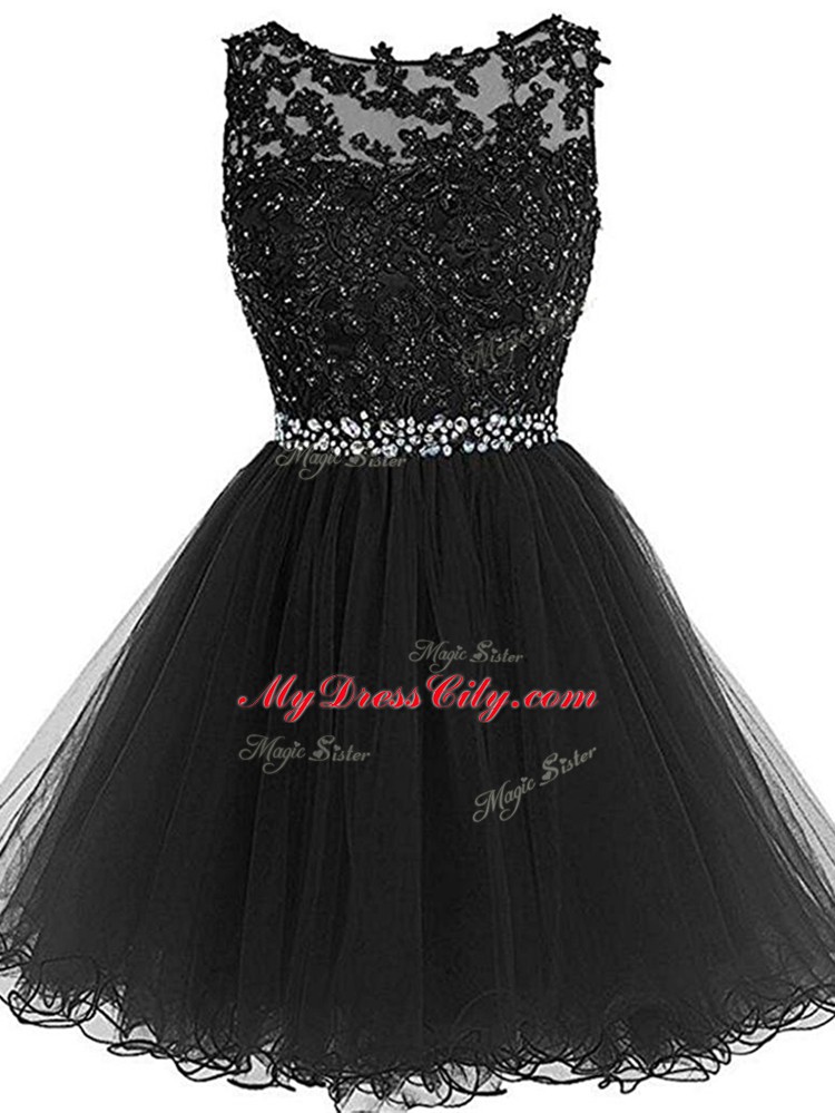 Latest Black A-line Tulle Scoop Sleeveless Beading and Lace and Appliques Mini Length Zipper Prom Party Dress