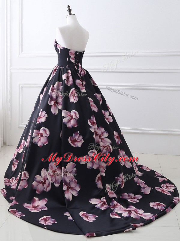 Multi-color Printed Lace Up Prom Party Dress Sleeveless Brush Train Ruching