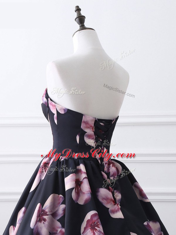 Multi-color Printed Lace Up Prom Party Dress Sleeveless Brush Train Ruching