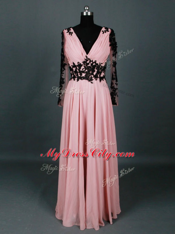 Long Sleeves Chiffon Floor Length Zipper Mother of Groom Dress in Pink with Lace and Appliques