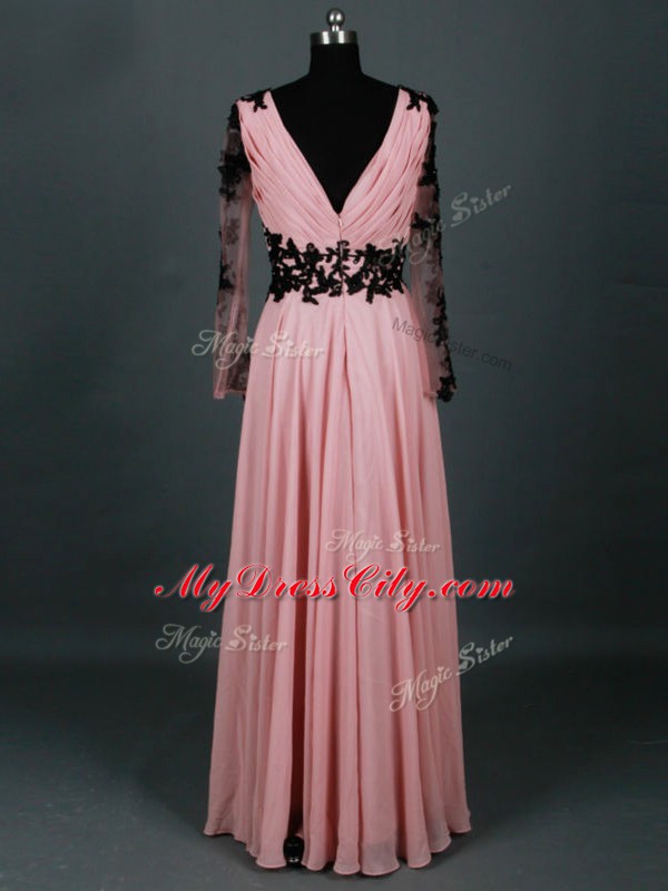 Long Sleeves Chiffon Floor Length Zipper Mother of Groom Dress in Pink with Lace and Appliques