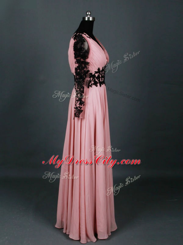 Long Sleeves Chiffon Floor Length Zipper Mother of Groom Dress in Pink with Lace and Appliques